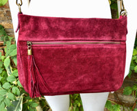 BURGUNDY crossbody suede bag. Genuine leather wine red suede bag with zippers, adjustable strap and tassel. Dark red suede purse.