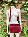 BURGUNDY crossbody suede bag. Genuine leather wine red suede bag with zippers, adjustable strap and tassel. Dark red suede purse.