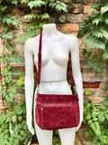 BURGUNDY crossbody suede bag. Genuine leather wine red suede bag with zippers, adjustable strap and tassel. Dark red suede purse.