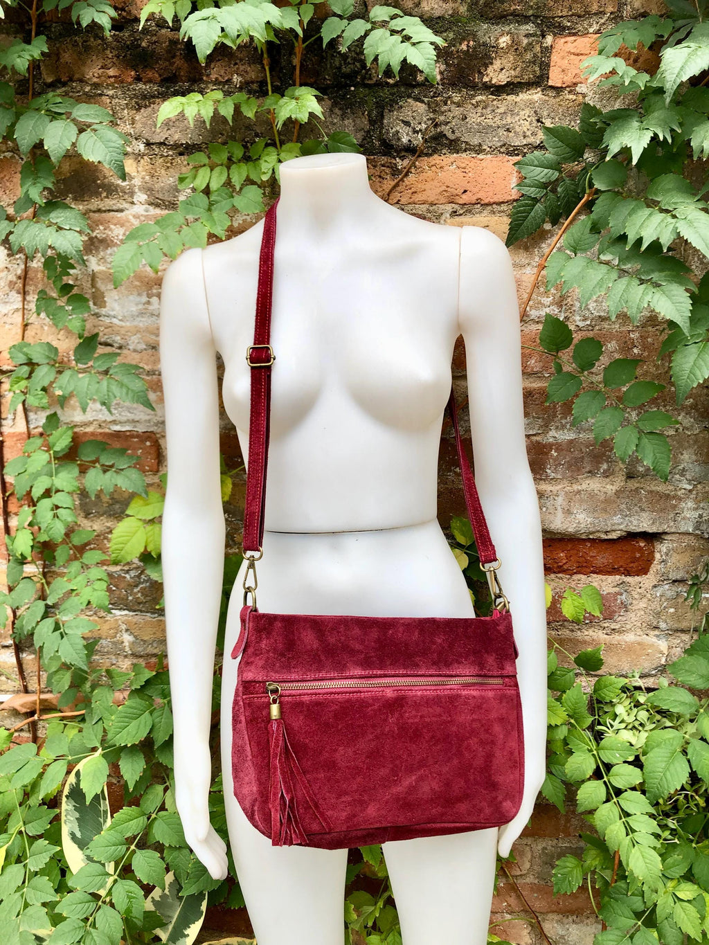 BURGUNDY crossbody suede bag. Genuine leather wine red suede bag with zippers, adjustable strap and tassel. Dark red suede purse.