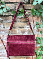 BURGUNDY crossbody suede bag. Genuine leather wine red suede bag with zippers, adjustable strap and tassel. Dark red suede purse.