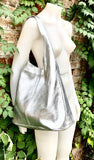 Slouch bag.Tote leather bag in SILVER with ZIPPER. Soft natural glitter genuine leather. SILVER leather purse. Metallic leather shoulder bag