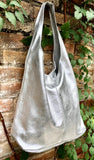 Slouch bag.Tote leather bag in SILVER with ZIPPER. Soft natural glitter genuine leather. SILVER leather purse. Metallic leather shoulder bag