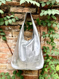 Slouch bag.Tote leather bag in SILVER with ZIPPER. Soft natural glitter genuine leather. SILVER leather purse. Metallic leather shoulder bag