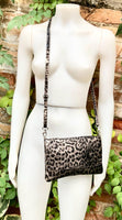 Cheetah print metallic bronze small leather bag. GENUINE leather. Leopard print shoulder / crossbody bag. Animal print purse. Zipper + flap.