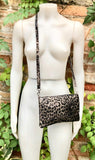 Cheetah print metallic bronze small leather bag. GENUINE leather. Leopard print shoulder / crossbody bag. Animal print purse. Zipper + flap.