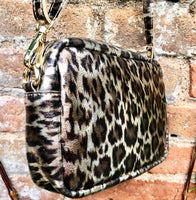 Cheetah print leather bag. Crossbody / shoulder bag in GENUINE leather. Leopard metallic leather bag. Adjustable strap. Animal print purse.