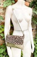 Animal print small leather bag in GOLD. Crossbody / shoulder bag in GENUINE leather + suede. Metallic leather cheetah purse. Leopard bag