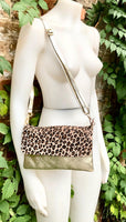 Animal print small leather bag in GOLD. Crossbody / shoulder bag in GENUINE leather + suede. Metallic leather cheetah purse. Leopard bag