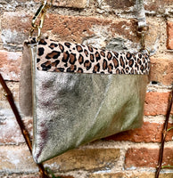 Animal print small leather bag in GOLD. Crossbody / shoulder bag in GENUINE leather + suede. Metallic leather cheetah purse. Leopard bag