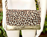 Animal print small leather bag in GOLD. Crossbody / shoulder bag in GENUINE leather + suede. Metallic leather cheetah purse. Leopard bag