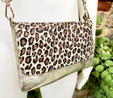 Animal print small leather bag in GOLD. Crossbody / shoulder bag in GENUINE leather + suede. Metallic leather cheetah purse. Leopard bag