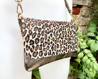 Cheetah print small leather bag in BRONZE. Cross body bag, shoulder bag in GENUINE leather. Animal print genuine leather bag. Leopard purse