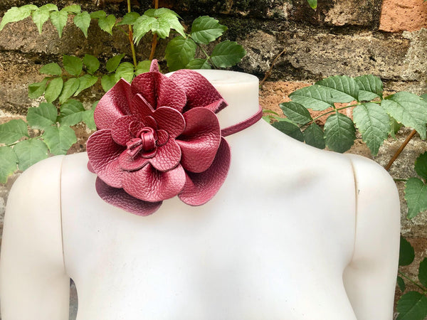 Flower leather belt in burgundy. Waist, overall or dress belt. Genuine leather. Wine red rose belt. Large dark red flower.