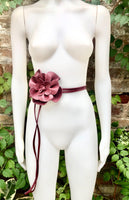 Flower leather belt in burgundy. Waist, overall or dress belt. Genuine leather. Wine red rose belt. Large dark red flower.