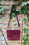 Small burgundy suede crossbody / shoulder bag. Genuine leather. Small burgundy suede purse. Wine red suede bag, dark red suede purse.