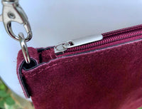 Small burgundy suede crossbody / shoulder bag. Genuine leather. Small burgundy suede purse. Wine red suede bag, dark red suede purse.