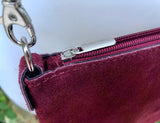 Small burgundy suede crossbody / shoulder bag. Genuine leather. Small burgundy suede purse. Wine red suede bag, dark red suede purse.