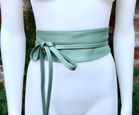 SAGE green wrap belt in soft leather. LONGER option. Waist, dress or wraparound belt in mint green genuine leather. Light green obi belt.