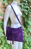 Suede bag in PURPLE. Soft genuine suede leather shoulder / messenger bag.Aubergine suede purse. Eggplant color suede crossbody.Flap + zipper