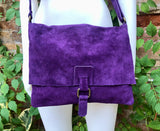 Suede bag in PURPLE. Soft genuine suede leather shoulder / messenger bag.Aubergine suede purse. Eggplant color suede crossbody.Flap + zipper