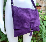 Suede bag in PURPLE. Soft genuine suede leather shoulder / messenger bag.Aubergine suede purse. Eggplant color suede crossbody.Flap + zipper