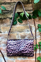 Cheetah print metallic pink small leather bag. GENUINE leather. Leopard print shoulder / crossbody bag. Pink leopard animal print purse.