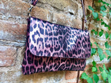 Cheetah print metallic pink small leather bag. GENUINE leather. Leopard print shoulder / crossbody bag. Pink leopard animal print purse.