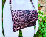 Cheetah print metallic pink small leather bag. GENUINE leather. Leopard print shoulder / crossbody bag. Pink leopard animal print purse.