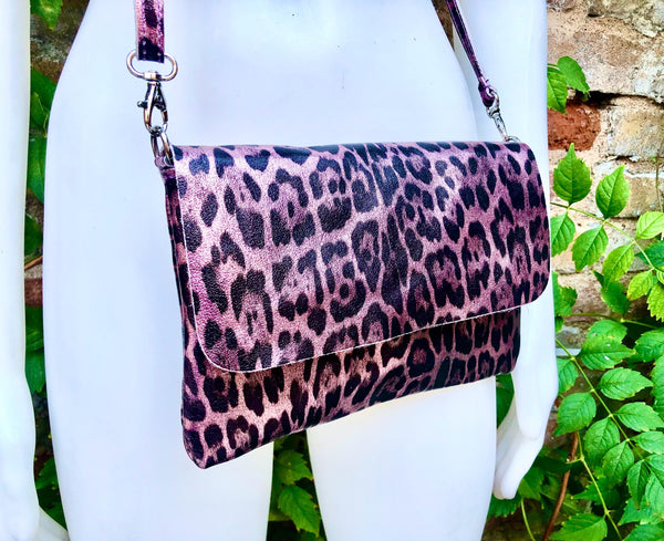 Cheetah print metallic pink small leather bag. GENUINE leather. Leopard print shoulder / crossbody bag. Pink leopard animal print purse.