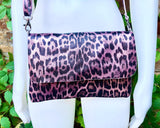 Cheetah print metallic pink small leather bag. GENUINE leather. Leopard print shoulder / crossbody bag. Pink leopard animal print purse.