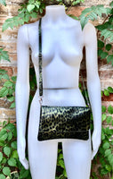 Cheetah print metallic green small leather bag. GENUINE leather. Leopard print shoulder / crossbody bag. Green leopard animal print purse.