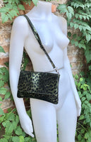 Cheetah print metallic green small leather bag. GENUINE leather. Leopard print shoulder / crossbody bag. Green leopard animal print purse.