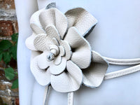 Flower leather belt in cream color. Waist, overall or dress belt. Genuine leather. Broken white rose belt. Large beige flower.