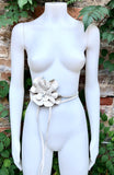 Flower leather belt in cream color. Waist, overall or dress belt. Genuine leather. Broken white rose belt. Large beige flower.