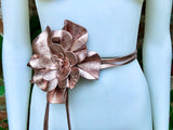 Flower leather belt in PINK GOLD. Waist, overall or dress belt. Genuine leather. GOLD rose belt. Large metallic salmon pink flower.