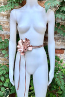 Flower leather belt in PINK GOLD. Waist, overall or dress belt. Genuine leather. GOLD rose belt. Large metallic salmon pink flower.