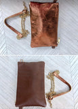 COPPER + brown small leather bag. GENUINE leather cross body, shoulder bag, wristlet . 2 sided leather bag + adjustable strap. Copper purse