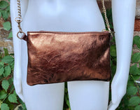 COPPER + brown small leather bag. GENUINE leather cross body, shoulder bag, wristlet . 2 sided leather bag + adjustable strap. Copper purse