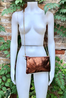 COPPER + brown small leather bag. GENUINE leather cross body, shoulder bag, wristlet . 2 sided leather bag + adjustable strap. Copper purse