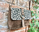 Cheetah print + taupe light BROWN suede bag. Genuine leather animal print crossbody bag. Small panther and light brown suede purse. Leopard.