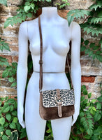 Cheetah print + taupe light BROWN suede bag. Genuine leather animal print crossbody bag. Small panther and light brown suede purse. Leopard.