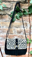 Cheetah print + black suede bag. Genuine leather animal print crossbody bag. Small panther and black suede purse. Small black leopard bag.