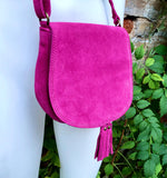 Hot pink suede bag. Small crossbody /shoulder genuine leather purse. Pink boho messenger bag with flap, zipper + tassel. Fuchsia hippy purse