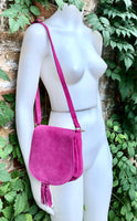 Hot pink suede bag. Small crossbody /shoulder genuine leather purse. Pink boho messenger bag with flap, zipper + tassel. Fuchsia hippy purse