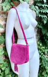 Hot pink suede bag. Small crossbody /shoulder genuine leather purse. Pink boho messenger bag with flap, zipper + tassel. Fuchsia hippy purse