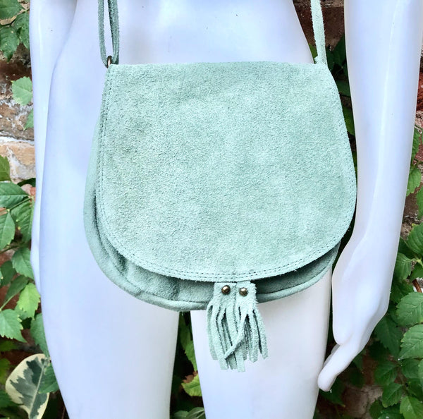 Green suede bag. Small crossbody /shoulder genuine leather purse. Sage green boho messenger bag with flap, zipper + tassel. Mint hippy purse