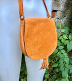 Orange suede bag. Small crossbody /shoulder genuine leather purse. Rounded orange boho messenger bag with flap, zipper + tassel. Hippy purse