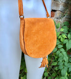 Orange suede bag. Small crossbody /shoulder genuine leather purse. Rounded orange boho messenger bag with flap, zipper + tassel. Hippy purse