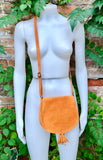 Orange suede bag. Small crossbody /shoulder genuine leather purse. Rounded orange boho messenger bag with flap, zipper + tassel. Hippy purse